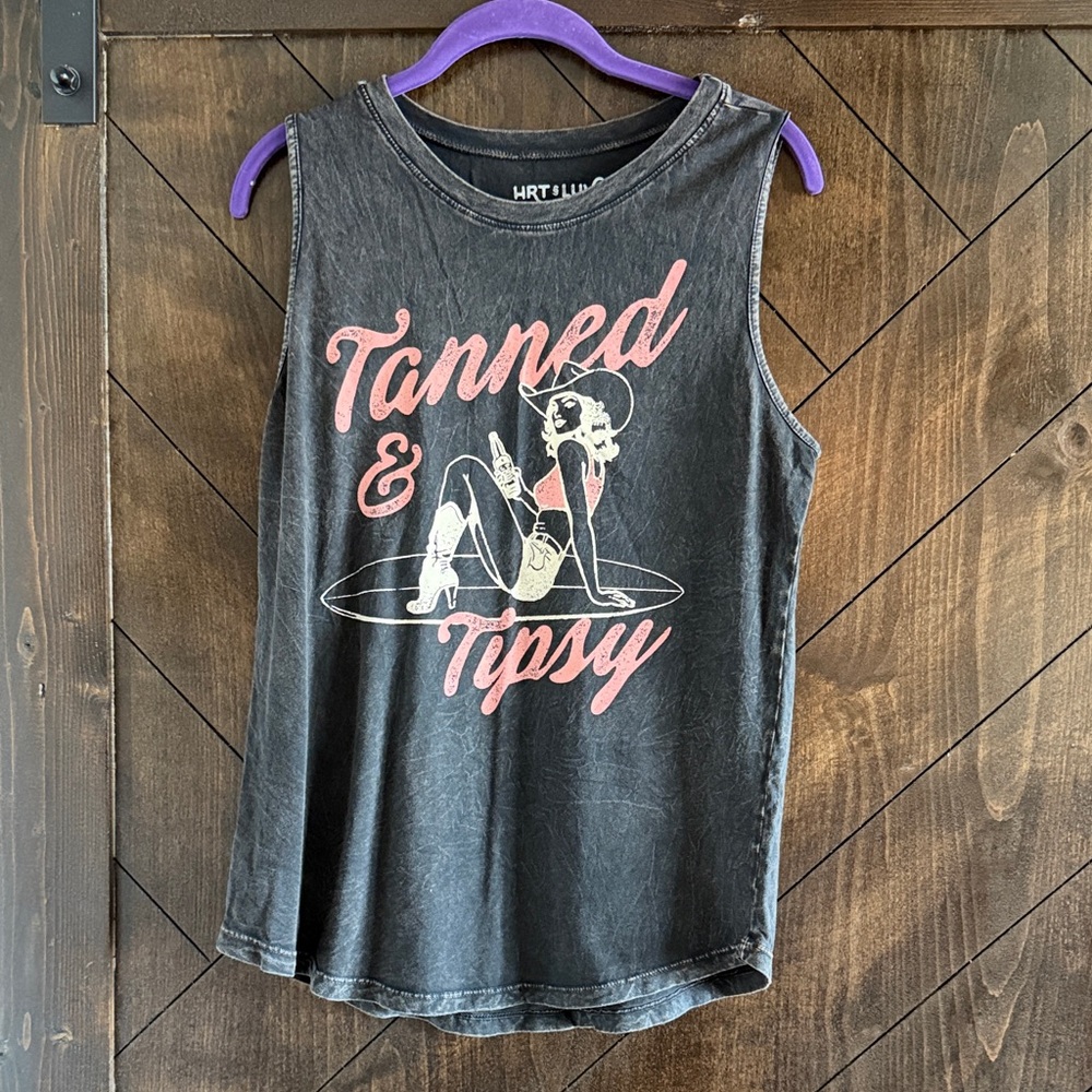 HRTLND 'Tanned & Tipsy' Graphic Tank Top - Black with Pink Print